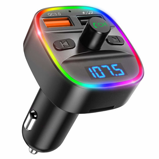 Picture of (Upgraded New Version) V5.0 Bluetooth FM Transmitter for Car, 7 RGB Color LED Backlit Radio Transmitter, QC3.0 Dual USB Ports Adapter Car Kit, Supports TF Card, USB Disk, Hands-Free Call