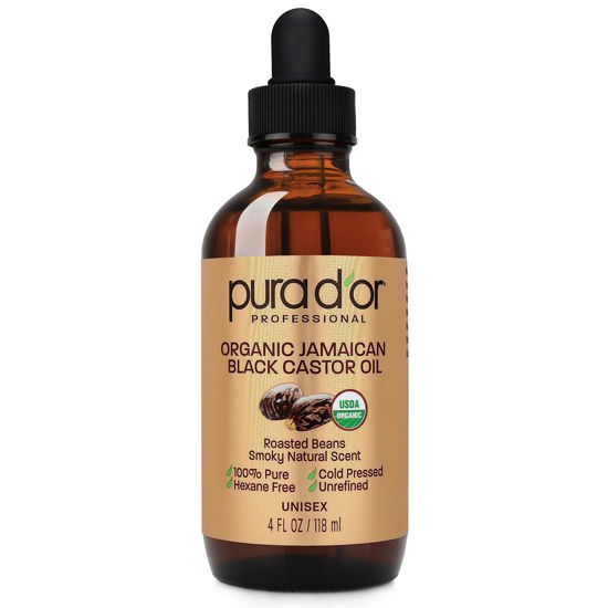 Picture of PURA D'OR Organic Jamaican Black Castor Oil, Natural Smoky Scent (4oz) 100% Pure, Cold Pressed & Roasted, Hexane Free Growth Serum Fuller Lashes & Brows