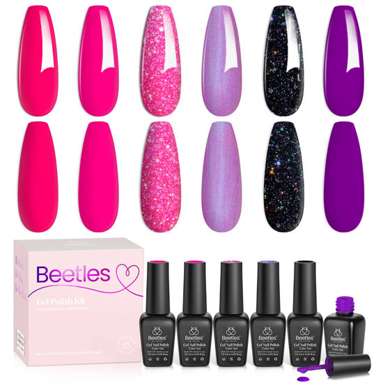 Picture of Beetles Neon Gel Nail Polish Set, 6 Colors Glitter Purple Pink Black Shimmer Electric Carnival Nail Gel Polish Soak Off Uv Led Gel Polish Swirl Thread Effect DIY Manicure Art