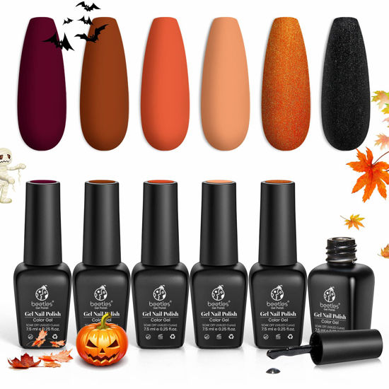 Picture of beetles Gel Polish Set 6 Colors Red Orange Glitter Fall wedding Collection Purple Black Gel Nail Kit Soak off Autumn Fall Winter Nail Gel Polish Nail Art U V Manicure Kit Halloween Gifts for Women