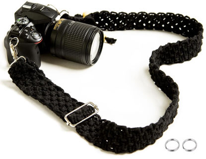 Picture of Clysuply Macrame Camera Strap For All DSLR Camera. Adjustable Boho Handwoven Elegant Universal Neck & Shoulder Strap, Floral Pattern, Great Photographer Gift for Men & Women Photographers-Black