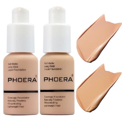 Picture of 2 Pack PHOERA Foundation 103# Warm Peach and 104# Buff Beige,Flawless Soft Matte Liquid Foundation 24 HR Oil Control Concealer Foundation Makeup.