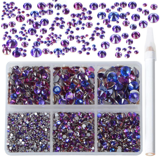 Picture of Bymitel 5000 Pieces 6 Mixed Sizes Glue Fix on  Glass Rhinestones Round Crystal Gems Flatback for DIY Jewelry Making with one Picking Pen(6-Sizes 5000PCS, Purple Velvet)