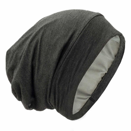 Picture of Silk Satin Lined Bonnet Sleep Cap - Adjustable Stay on All Night Hair Wrap Cover Slouchy Beanie for Curly Hair Protection for Women and Men - Solid Dark Grey