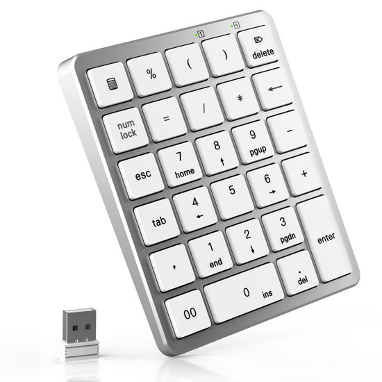 Picture of PINKCAT Wireless Number Pads, 28 Keys Numeric Keypad with 2.4G Mini USB Receiver, Portable Number Numpad Financial Accounting for Laptop, PC, Notebook, Desktop, Surface Pro - Silver