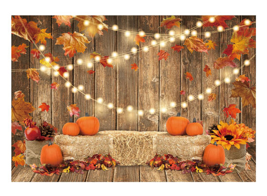 Picture of Funnytree 7x5FT Fall Pumpkin Photography Backdrop Autumn Thanksgiving Harvest Hay Leaves Wooden Background Sunflower Maple Baby Shower Banner Decoration Party Supplies Photo Booth Prop