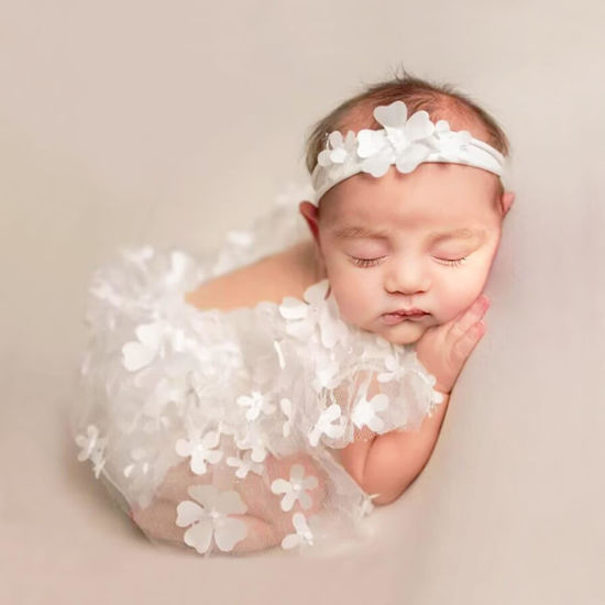 Picture of Ylsteed Newborn photography Outfits Girl Newborn Photography Props Lace Romper with Handmade Headband Newborn Infant Photo shoot Outfits Girls Photo Props Full Flower-White