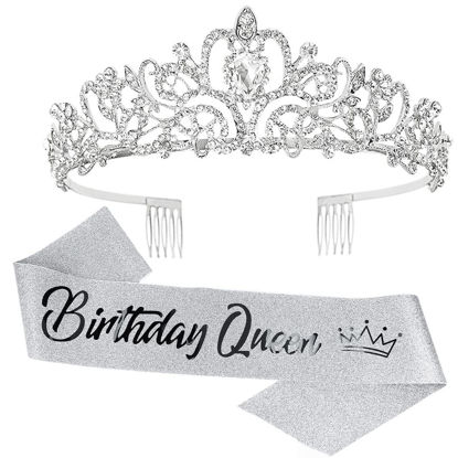 Picture of COCIDE "Birthday Queen" Sash and Crystal Tiara Set Tiara and Crowns for Women Birthday Gift for Girl Kit Decorations Set Rhinestone Hair Accessories Glitter Stain Silk Sash for Party