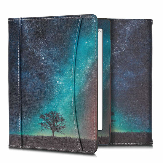 Picture of kwmobile Case Compatible with Kobo Aura H2O Edition 2 - PU Leather Cover with Magnetic Closure, Strap, Front Pocket - Cosmic Nature Blue / Grey / Black