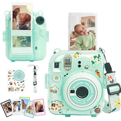 Picture of CAIYOULE Clear Case for Fujifilm Instax Mini 12 Instant Camera, Fuji Instax 12 Glitter Case with Newly Upgraded Photo Storage Pocket and Cute Shoulder Strap - Glitter Green