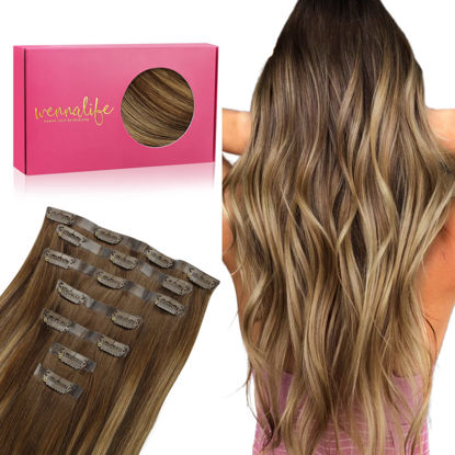 Picture of WENNALIFE Seamless Clip In Hair Extensions, 20 Inch 150g 7pcs Balayage Chocolate Brown to Caramel Blonde Hair Extensions Clip In Human Hair Invisible PU Skin Weft Natural Remy Human Hair Extensions