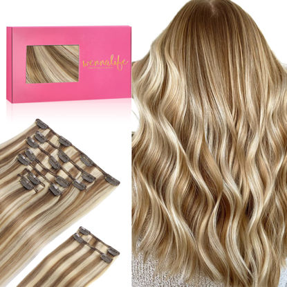 Picture of WENNALIFE Clip in Hair Extensions Real Human Hair, 20 Inch 150g 9pcs Haman Hair Extensions Clip In, Ash Brown Highlighted Golden Blonde Hair Extensions Clip In Real Hair Coloured Remy Human Hair Extensions