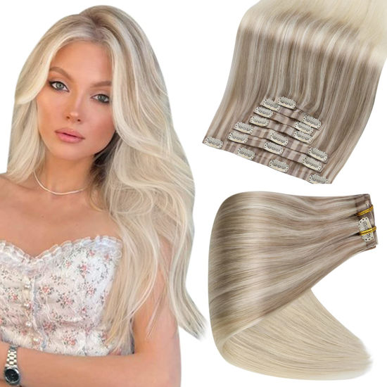 Picture of Full Shine Blonde Clip in Hair Extensions 22 Inch Real Human Hair Ash Blonde Balayage to Platinum Blonde Natural Hair Seamless Cip in Extensions Pu Weft 8 Pcs 120 Grams Full Head