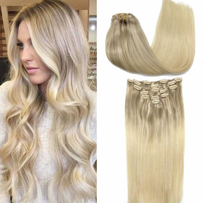 Picture of GOO GOO Human Hair Extensions Clip in Natural Ombre Ash Blonde to Golden Blonde and Platinum Blonde Remy Clip in Hair Extensions Straight Long 22 Inch 120g