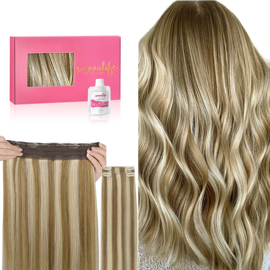 Picture of WENNALIFE Wire Hair Extensions (Increase 50% Lifespan) Real Human Hair 20 inch 140g Ash Brown Highlighted Golden Blonde Remy Real Hair Extensions Invisible Wire Hair Extensions Human Hair Fish Line