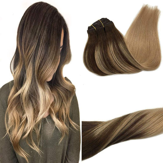 Picture of GOO GOO Clip-in Hair Extensions for Women, Soft & Natural, Handmade Real Human Hair Extensions, Chocolate brown to Dirty Blonde, Long, Straight #T4/18, 7pcs 120g 24 inches