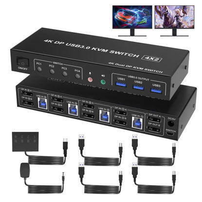 Picture of USB 3.0 KVM Switch 2 Monitors 4 Computers Displayport 4K 60Hz, Dual Monitor Displayport KVM Switch 4 Port with Audio Microphone Output and 3 USB 3.0 Ports, DP Monitor Switch for 4 PCs 2 Monitors