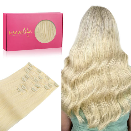 Picture of WENNALIFE Clip in Hair Extensions Real Human Hair, 24 Inch 120g 7pcs Human Hair Extensions Clip In Human Hair, Bleach Blonde Hair Extensions Clip In Real Hair Coloured Remy Human Hair Extensions