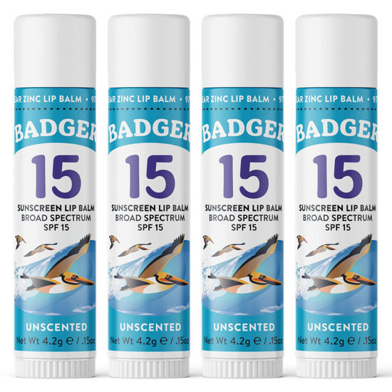 Picture of Badger Sunscreen Lip Balm SPF 15, Organic Mineral Sunscreen SPF Lip Balm with Zinc Oxide, Reef Friendly, Broad Spectrum, Water Resistant, Unscented.15 oz (4 Pack)