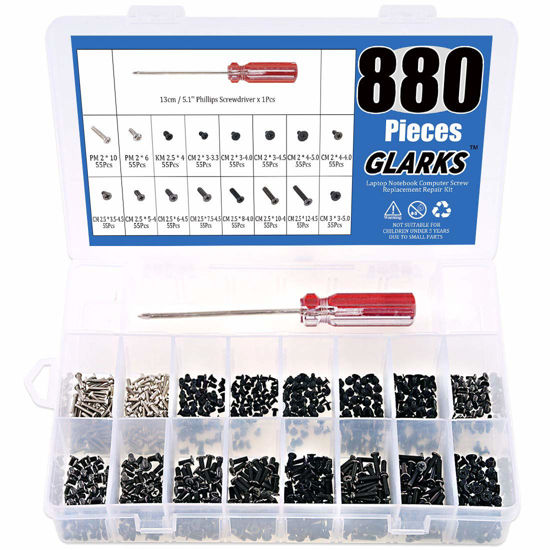 Picture of Glarks 880pcs Laptop Notebook Computer Screw Replacement Repair Kit for Lenovo Dell Toshiba Sony Samsung HP Gateway (Extra: Phillips Screwdriver)