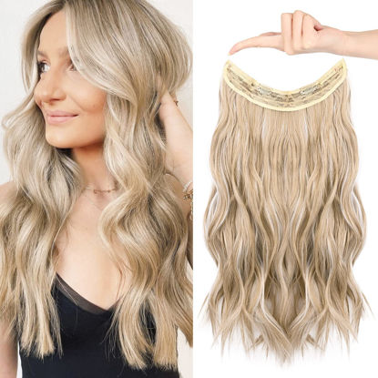 Picture of HOOJIH Wire Hair Extensions with 2 Removable Clips 20 Inch Wavy Curly Hair Invisiable Transparent Wire Extensions Hairpieces for Women - Light Golden Blonde with White Blonde