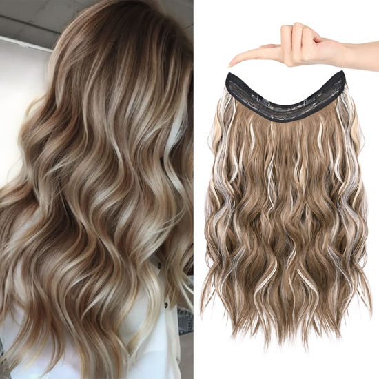 Picture of HOOJIH Wire Hair Extensions with 2 Removable Clips 20 Inch Wavy Curly Hair Invisiable Transparent Wire Extensions Hairpieces for Women - Deep Blonde with Blonde highlights