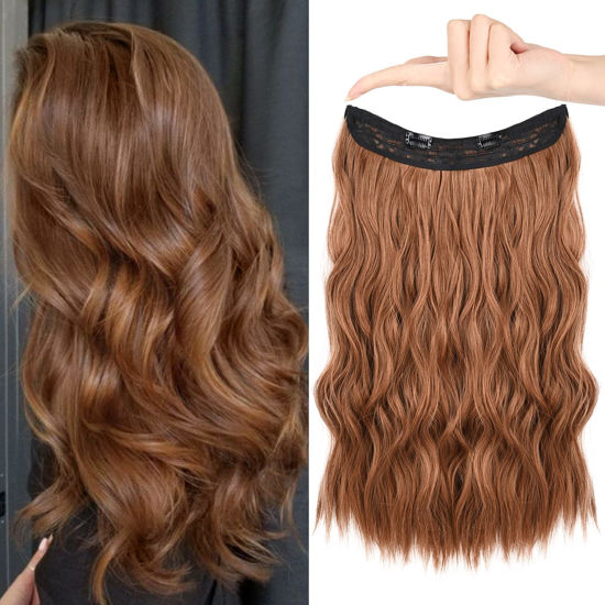 Picture of HOOJIH Wire Hair Extensions with 2 Removable Clips 20 Inch Wavy Curly Hair Invisiable Transparent Wire Extensions Hairpieces for Women - Medium Auburn Brown