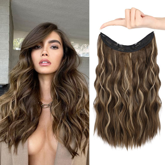 Picture of HOOJIH Wire Hair Extensions with 2 Removable Clips 20 Inch Wavy Curly Ombre Wire Hair Invisiable Transparent Wire Hair Extensions Hairpieces for Women - Brown with Honey Blonde Highlights