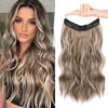 Picture of HOOJIH Wire Hair Extensions with 2 Removable Clips 20 Inch Wavy Curly Hair Invisiable Transparent Wire Extensions Hairpieces for Women - Hazelnut Blonde with Platinum Blonde Highlights