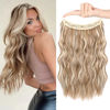 Picture of HOOJIH Wire Hair Extensions with 2 Removable Clips 20 Inch Wavy Curly Hair Invisiable Transparent Wire Extensions Hairpieces for Women - Honey Blonde with Lightest Blonde Highlights