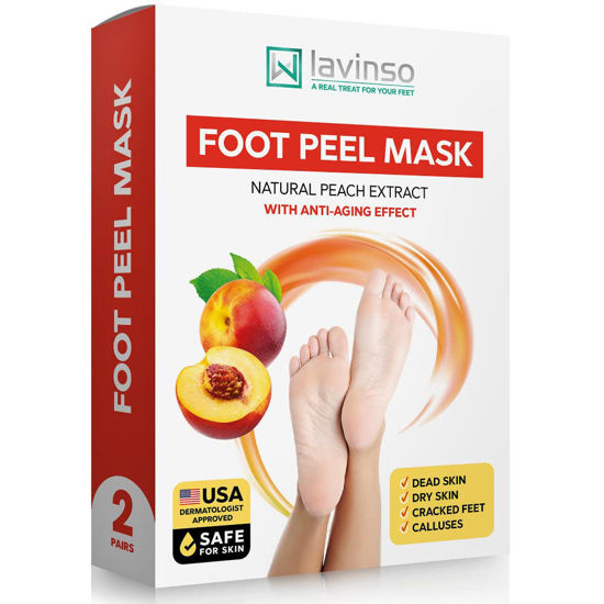 Picture of Lavinso Peach Foot Peel Mask for Dry Cracked Feet - 2 Pack - Dead Skin Remover Foot Mask for Cracked Feet and Callus - Exfoliating Feet Peeling Mask for Soft Baby Feet