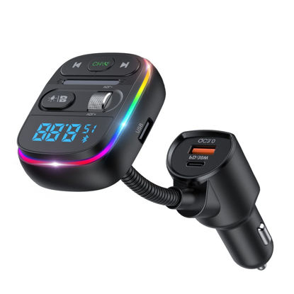 Picture of LUPATDY Bluetooth FM Transmitter for Car, 2023 Stronger HiFi Bass Microphone, PD 30W+QC 3.0 Car Charger Cigarette Lighter Radio Mp3 Adapter with 7 Colors LED Supports Siri Google Assistant