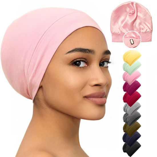 Picture of Silk Satin Bonnet Hair Cover Sleep Cap for Sleeping Beanie Hat Adjustable Stay On Headwear Lined Natural Nurse Cap for Women