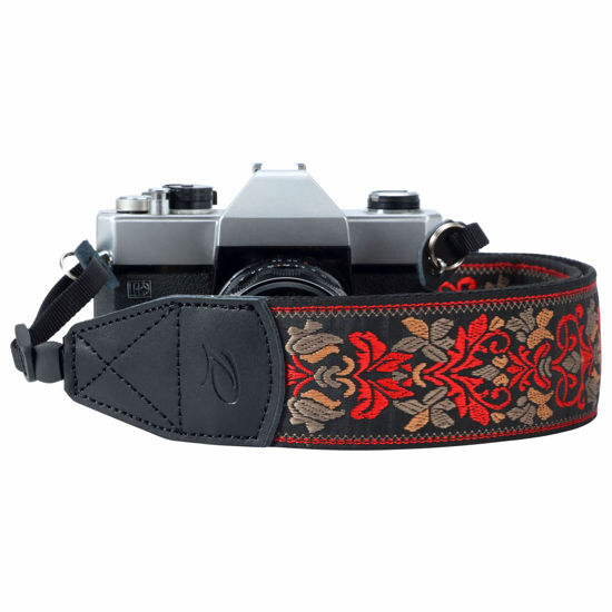 Picture of Red Woven Vintage Camera Strap For All DSLR Camera - Embroidered Christmas Gift, Universal Neck & Shoulder Strap Adjustable, Floral Pattern, Great Photographer Stocking Stuffer for Photographers