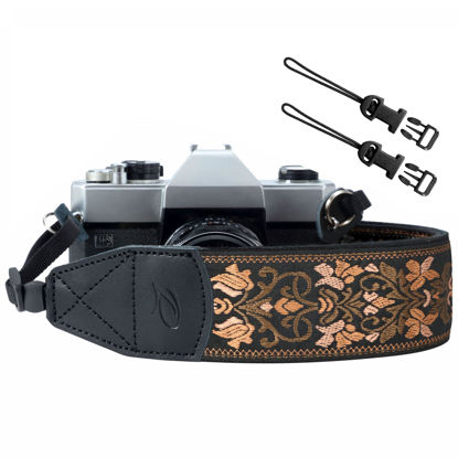 Picture of PADWA Camera Straps for Photographers - 2" Wide Vintage Jacquard Embroidery Camera Straps with Genuine Leather Head, Adjustable Neck Shoulder Strap for All Cameras(Classic Embroidered Flower)