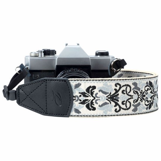 Picture of White Woven Vintage Camera Strap Christmas Gift for DSLR Camera - Embroidered Elegant Universal Neck&Shoulder Strap Adjustable,Grey Floral Pattern,Great Stocking Stuffer for Man & Women Photographers