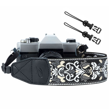 Picture of PADWA Camera Straps for Photographers - 2" Wide Vintage Jacquard Embroidery Camera Straps with Genuine Leather Head, Adjustable Neck Shoulder Strap for All Cameras(Grey Embroidered Flower)