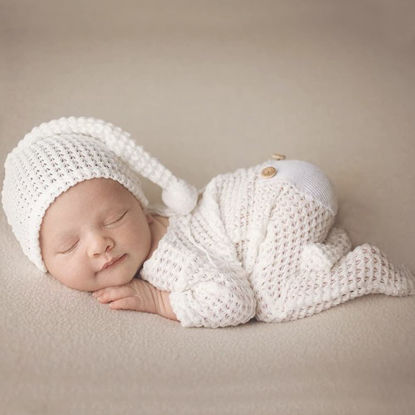 Picture of Newborn Baby Photo Shoot Props Girl Boy Crochet Knit Hat Costume Stripe Hat Pants Overalls Photography Props (off white)