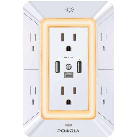 Picture of Multi Plug Outlet Surge Protector - POWRUI 6 Outlet Extender with 3 USB Ports (1 USB C) and Night Light, 3-Sided Power Strip with Adapter Spaced Outlets - White，ETL Listed