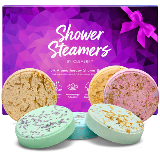 Picture of Cleverfy Shower Steamers Aromatherapy - Variety Pack of 6 Shower Bombs with Essential Oils. Self Care Christmas Gifts for Women and Stocking Stuffers for Adults and Teens. Purple Set