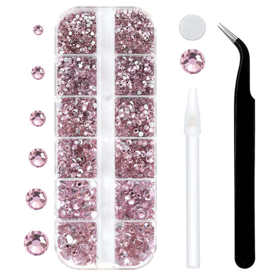 Picture of 3792 Pcs Pink Flatback Rhinestones Set for Nail, Art, Crafts, Makeup, Tumblers Glitter Round with Tweezers and Picking Pen(SS6~SS20)