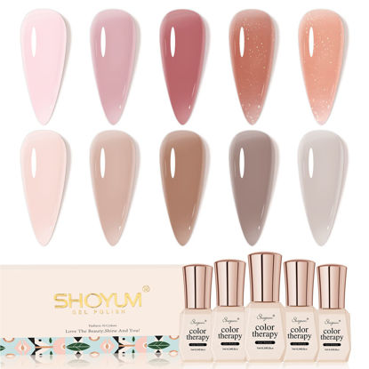 Picture of SHOYUM 10Pcs Jelly Gel Nail Polish Set Nude Translucent Dark Skin Colors Rose Maple Red Sheer Gel Polish Kit Brown Semi-Transparent Fall Nail Polish Gel UV LED Soak Off Home DIY 7ml