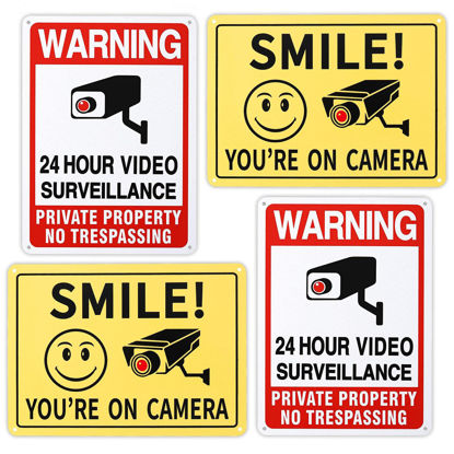 Picture of 4 Pieces Smile You're On Camera Sign and Private Property No Trespassing Sign Video Surveillance Signs UV Printed 40 Mil Rust Aluminum Security Camera Sign for Home Business (Simple Style)