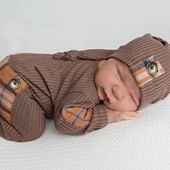 Picture of Fashion Newborn Boys Girls Baby Photo Shoot Props Outfits Crochet Clothes Long Tail Hat Pants Photography Props (Brown B)