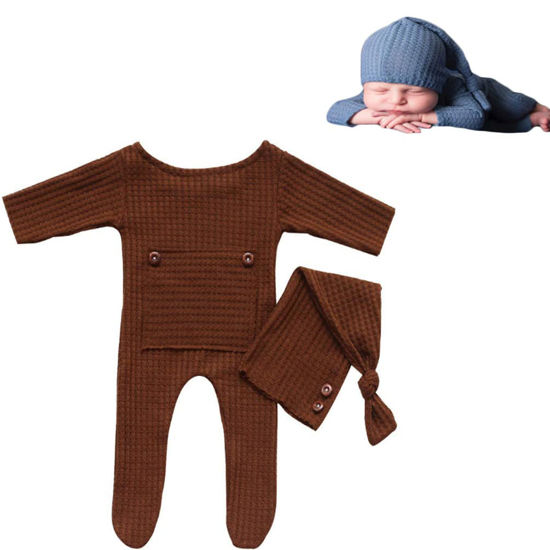 Picture of Fashion Newborn Boys Girls Baby Photo Shoot Props Outfits Crochet Clothes Long Tail Hat Pants Photography Props (Brown)