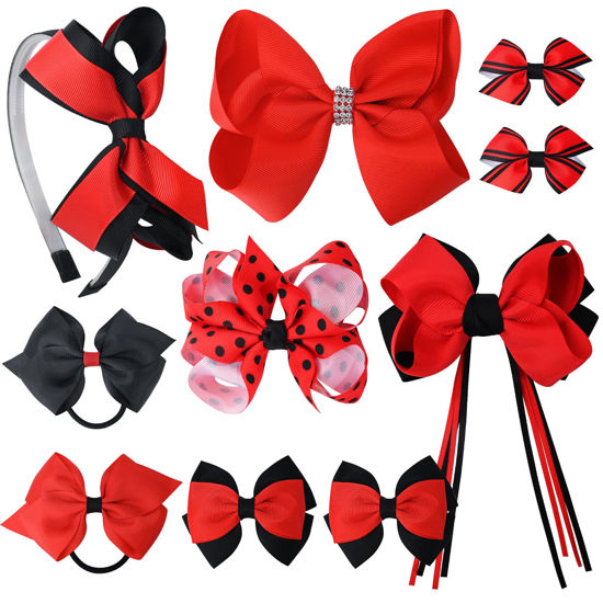 Picture of DEEKA School Uniform Hair Bows Set Hair Clips Accessories for Girls Headband and Ponytail Holders Multi-styled School Bows Set for Little Teen Toddler Girls -Red/Black