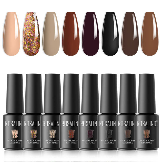 Picture of ROSALIND Black Brown Gel Nail Polish Set, 8 Colors Nude Gel Polish Neutral Gold Glitter Gel Nail Polish Soak off Long Lasting Nail Art Manicure DIY at Home Gifts for Women