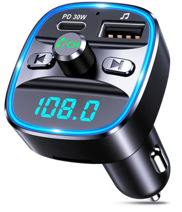 Picture of RIWUSI Bluetooth FM Transmitter for Car, [Upgraded Type-C] PD 30W Quick Charging Bluetooth Car Adapter with Hands-Free Calling, Wireless FM Radio Receiver Music Player/Car Kit Support SD Card & USB