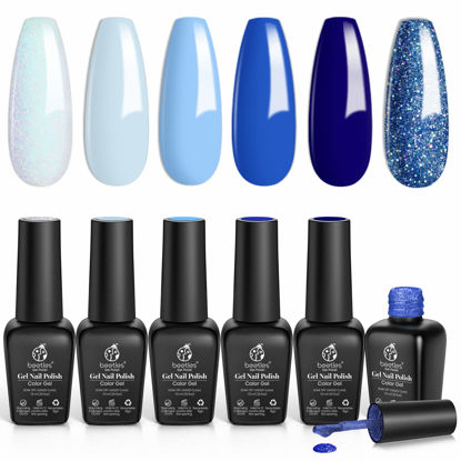 Picture of Beetles Gel Nail Polish Kit, 6Pcs Blue Navy Nail Polish Aquarius Holy Water Collection Fall Gel Polish Fashionable Blue Shimmer Glitter Colors Gel Nail Art Soak Off UV Manicure Gift for Girls Women