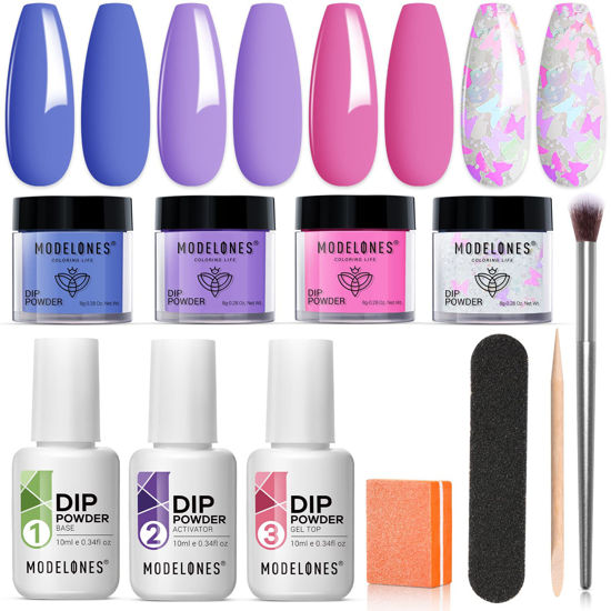 Picture of Modelones 4 Colors Dip Powder Nail Starter Kit, 2023 Spring Trendy Lilac Purple Blue Pink Butterfly Glitters Dipping Powder Set, French Nail Art Base Top Coat Activator Essential Liquid Manicure DIY Salon